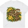 White women’s boxy T-shirt with the Carpet Python Among Golden Wattle print on the front