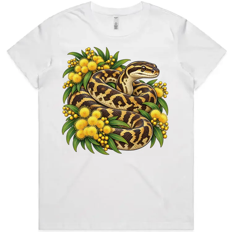 White women’s T-shirt printed on the front with a carpet python among golden wattle