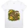 White women’s V-neck T-shirt printed with a carpet python and golden wattle