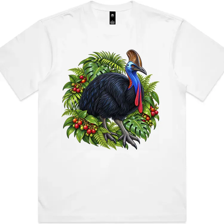 Cassowary Among Rainforest Foliage printed on a white Boxy T-Shirt, design by Australia Art Prints