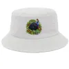 White bucket hat with a small cassowary and rainforest leaves printed on the front