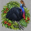 Cross stitch canvas printed with a cassowary among rainforest leaves