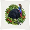 Off-white cushion cover printed with a cassowary among rainforest leaves