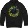 Black hoodie with the Cassowary Among Rainforest Foliage print on the front above the pocket