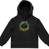 Black kids hoodie with a small cassowary and rainforest leaves printed on the chest