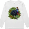 White kids long sleeve T-shirt with a cassowary and rainforest leaves printed on the front