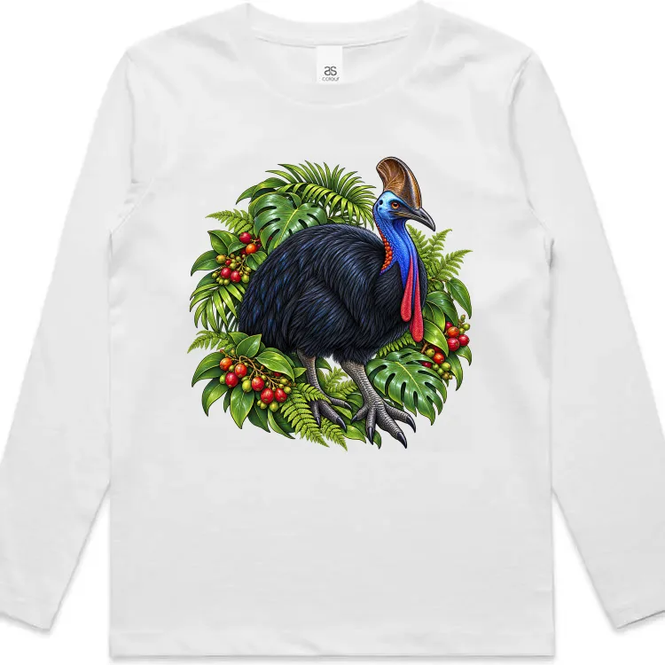 White kids long sleeve T-shirt with a cassowary and rainforest leaves printed on the front