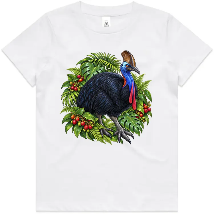 White kids T-shirt with a cassowary and rainforest leaves printed on the front