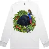 White long sleeve T-shirt with the Cassowary Among Rainforest Foliage print on the front