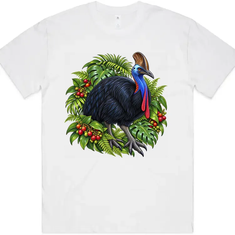 Cassowary Among Rainforest Foliage printed on a white Oversized T-Shirt, design by Australia Art Prints