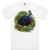 White polo shirt printed on the front with a cassowary among rainforest leaves