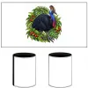 White stubby holder printed with a cassowary among rainforest leaves