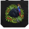 Black tote bag printed with a cassowary among rainforest leaves and red fruit