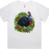 White women’s Martina T-shirt with a cassowary and rainforest leaves printed on the front
