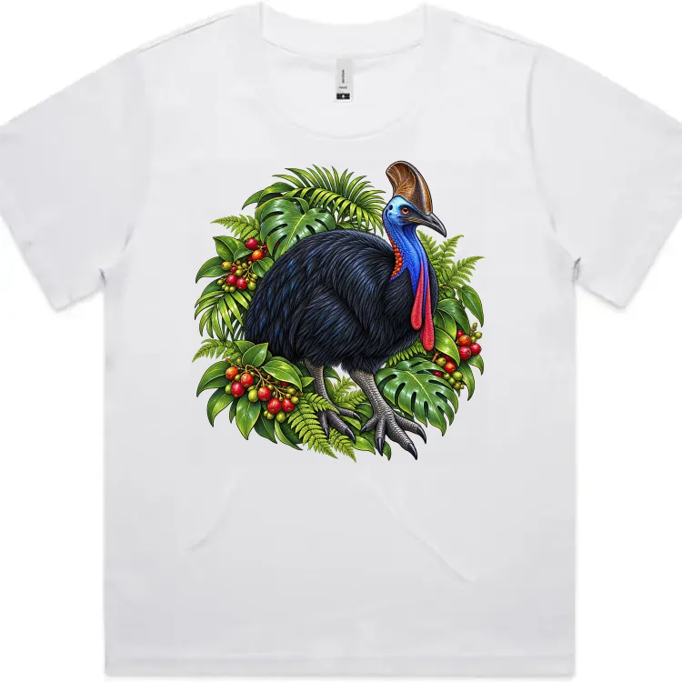 White women’s Martina T-shirt with a cassowary and rainforest leaves printed on the front