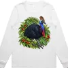 White women’s long sleeve T-shirt printed with a cassowary among rainforest leaves