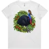 Cassowary Among Rainforest Foliage printed on a white Women’s T-Shirt, design by Australia Art Prints