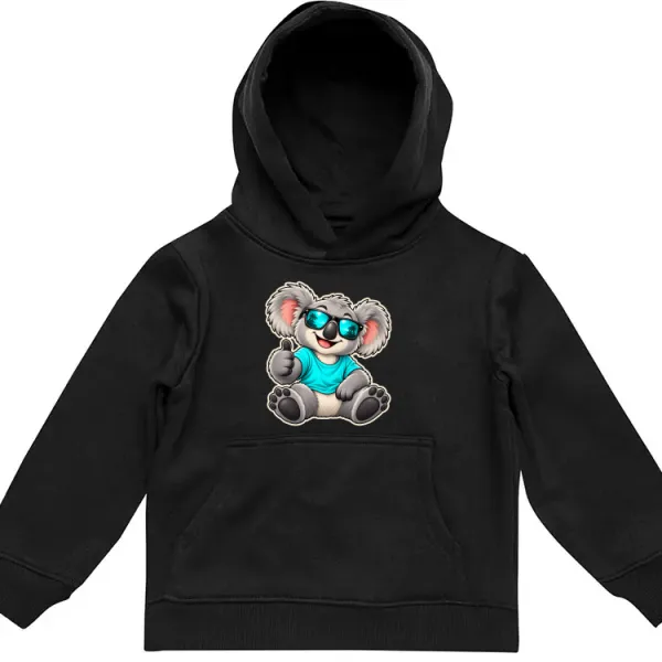 Cool Koala Thumbs-Up printed on a black Kids Hoodie, design by Australia Art Prints
