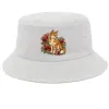 White bucket hat with a small dingo and red desert pea flowers printed on the front
