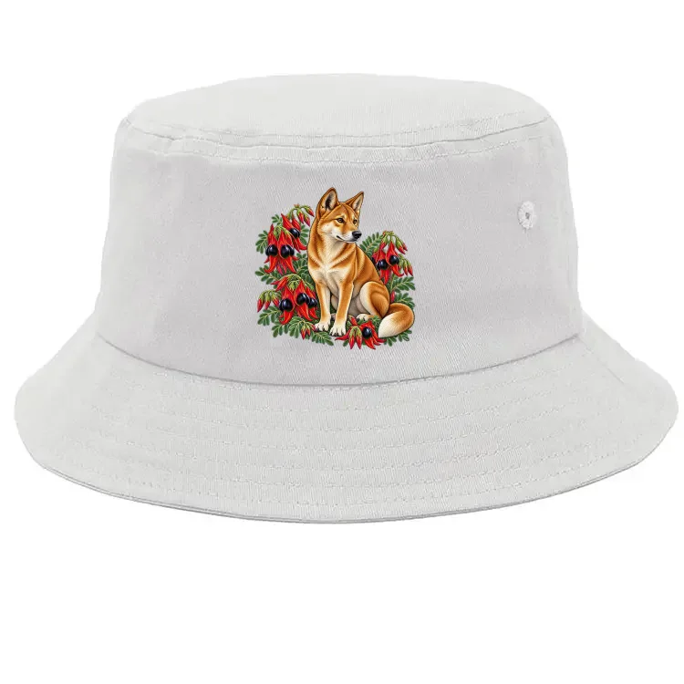 White bucket hat with a small dingo and red desert pea flowers printed on the front