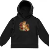 Black kids hoodie with a small dingo and red desert pea flowers printed on the chest
