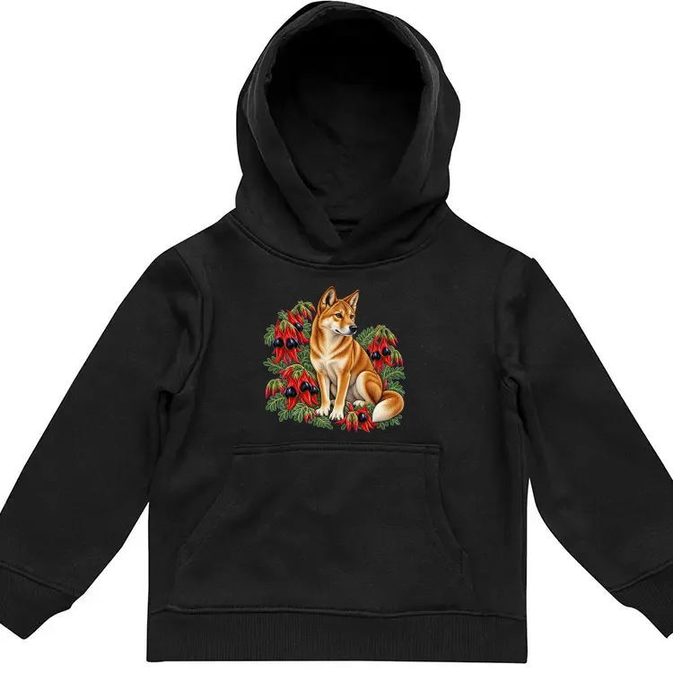 Black kids hoodie with a small dingo and red desert pea flowers printed on the chest
