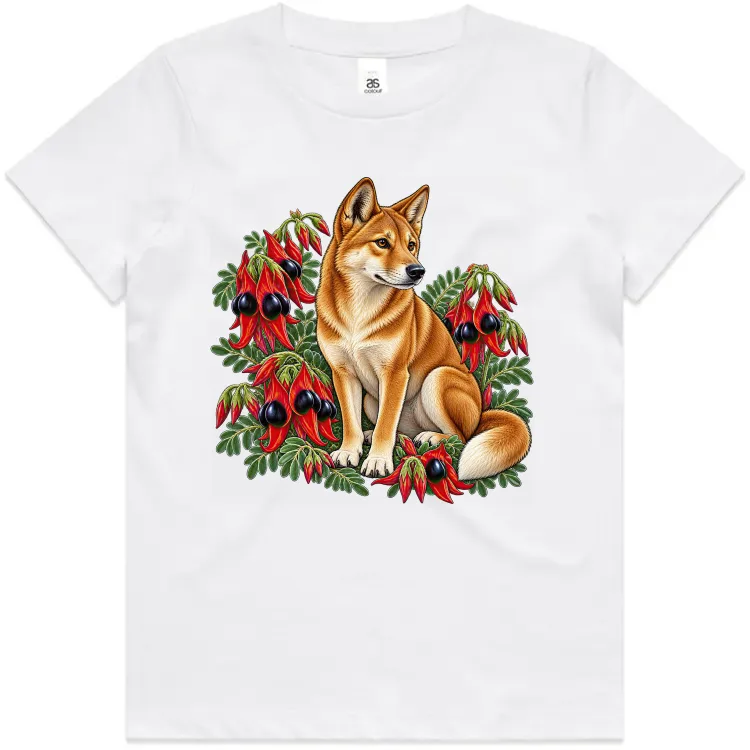 Dingo Among Sturt's Desert Peas printed on a white Kids T-Shirt, design by Australia Art Prints