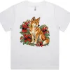White women’s Martina T-shirt with a dingo and red desert pea flowers printed on the front