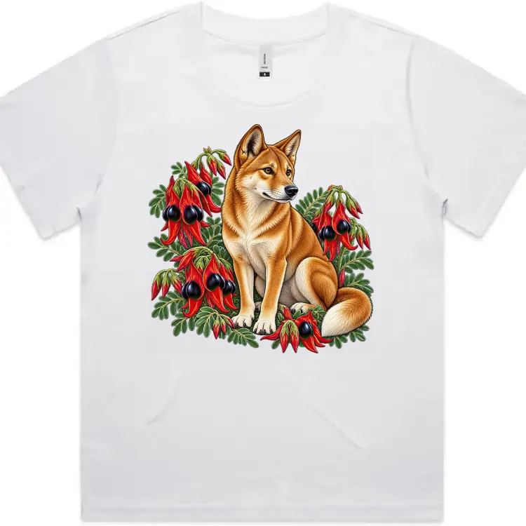 White women’s Martina T-shirt with a dingo and red desert pea flowers printed on the front