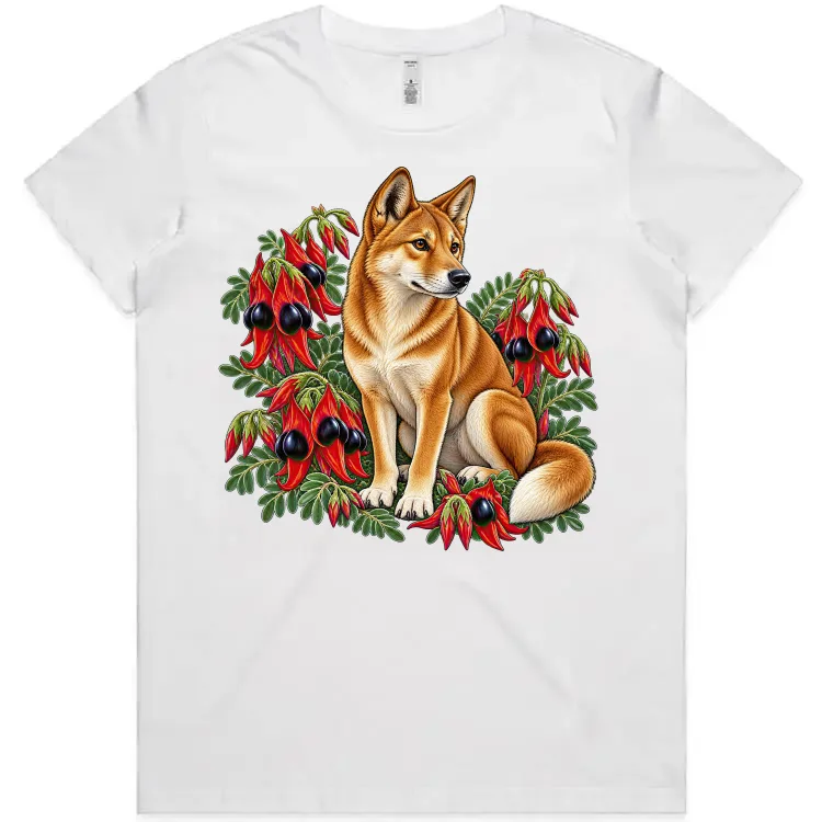 Dingo Among Sturt's Desert Peas printed on a white Women’s T-Shirt, design by Australia Art Prints
