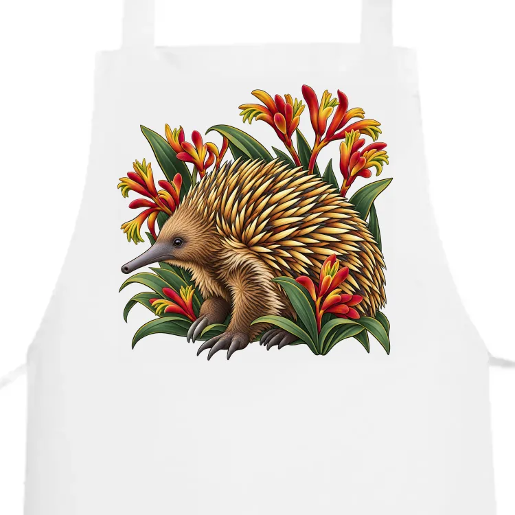 White cotton apron with the Echidna Among Kangaroo Paws print on the bib