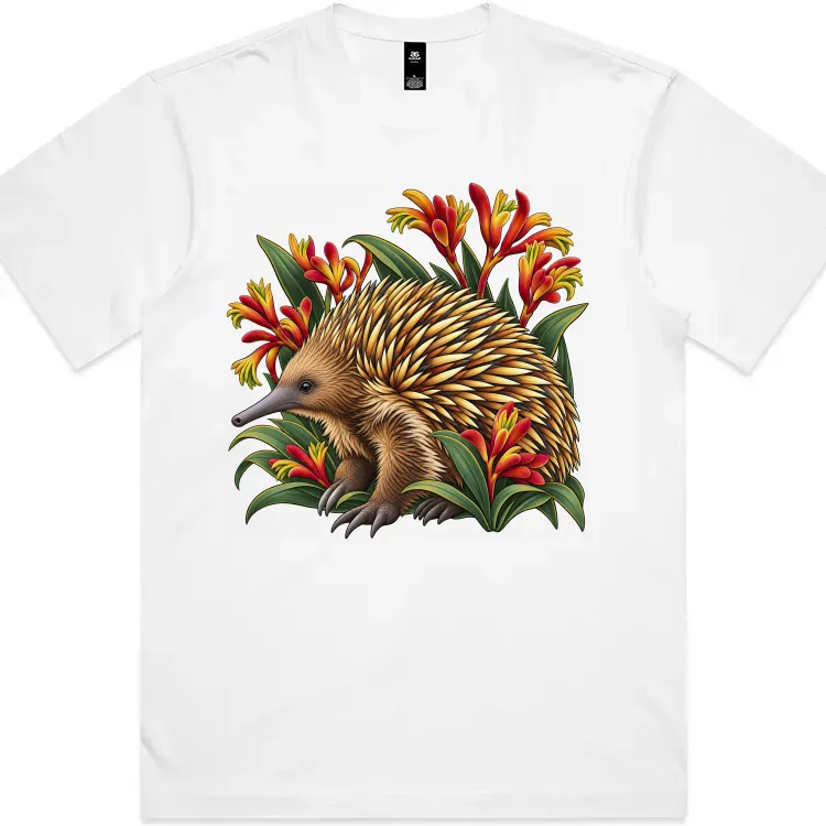 Echidna Among Kangaroo Paws printed on a white Boxy T-Shirt, design by Australia Art Prints