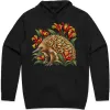 Black hoodie with the Echidna Among Kangaroo Paws print on the front above the pocket