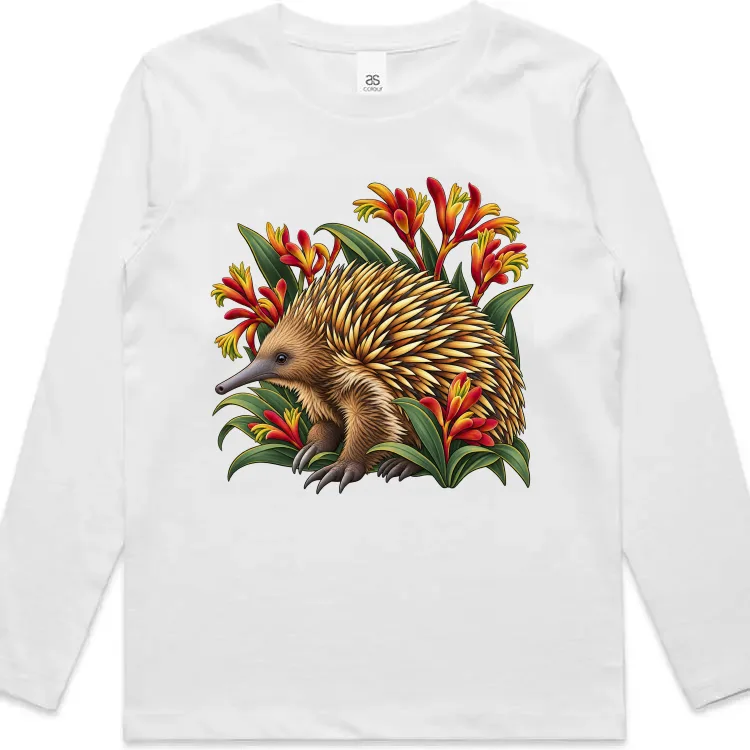 White kids long sleeve T-shirt printed on the front with a brown echidna among red and yellow kangaroo paws