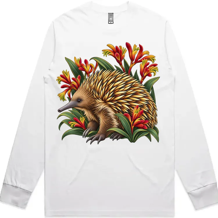 Echidna Among Kangaroo Paws printed on a white Long Sleeve T-Shirt, design by Australia Art Prints