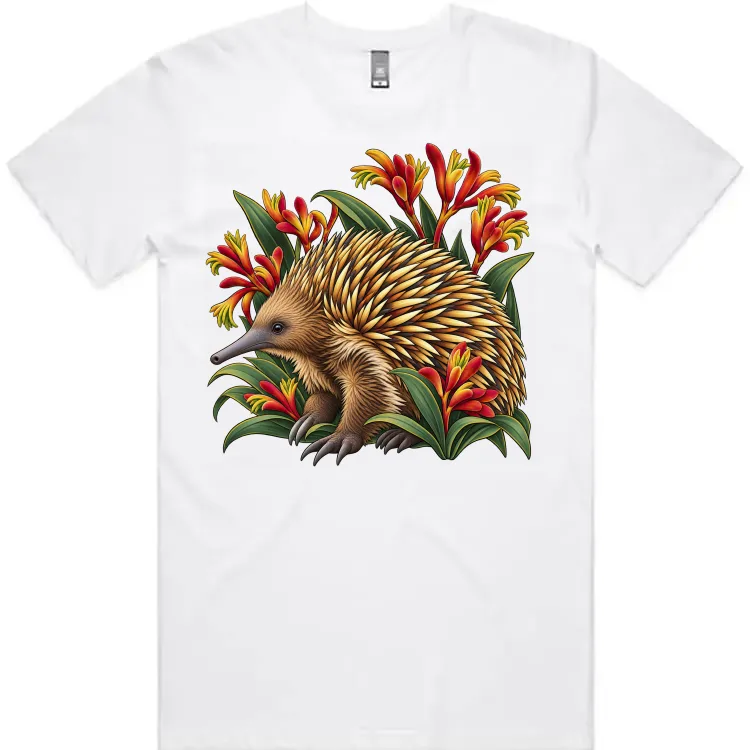 Echidna Among Kangaroo Paws printed on a white Men’s T-Shirt, design by Australia Art Prints