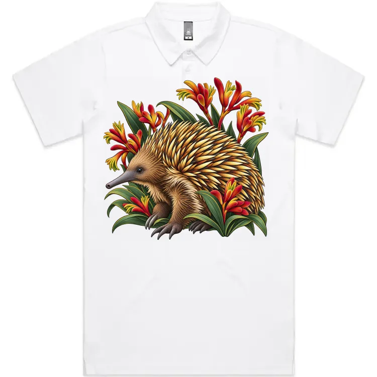 White polo shirt printed on the front with an echidna among red and yellow kangaroo paws