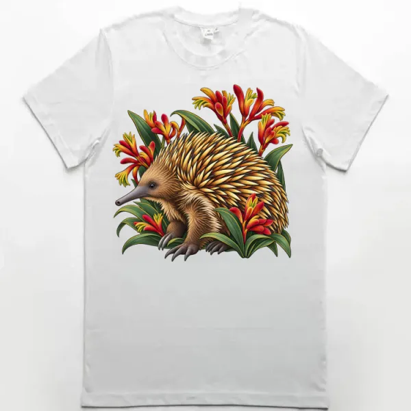 Echidna Among Kangaroo Paws printed on a white Premium Men’s T-Shirt, design by Australia Art Prints