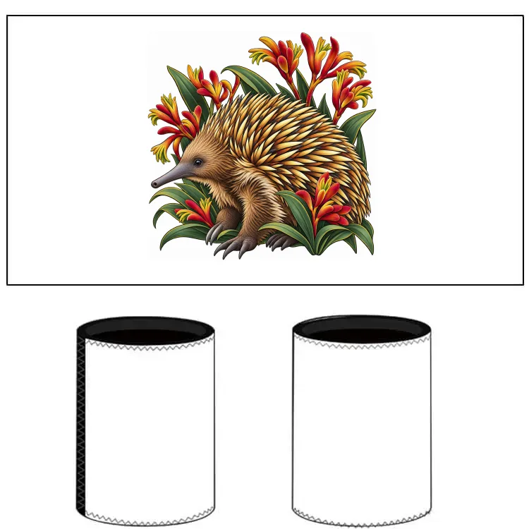 White neoprene stubby holder printed with the Echidna Among Kangaroo Paws design