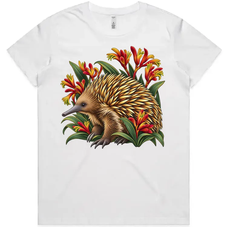 Echidna Among Kangaroo Paws printed on a white Women’s T-Shirt, design by Australia Art Prints