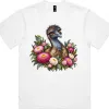 Elegant Emu with Everlasting Daisies printed on a white Boxy T-Shirt, design by Australia Art Prints