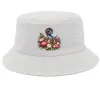 White bucket hat with a small Elegant Emu with Everlasting Daisies print on the front