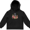 Black kids hoodie with an emu among pink everlasting daisies printed on the chest