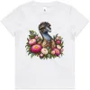 White kids T-shirt with an emu among pink everlasting daisies printed on the front