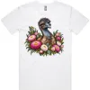 White men’s T-shirt printed with an emu among pink and cream everlasting daisies