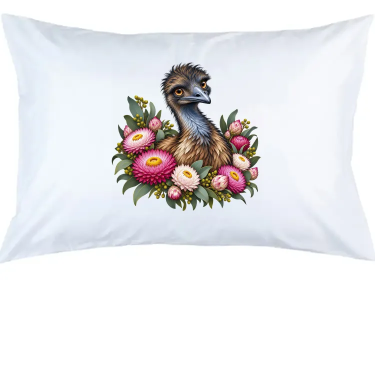 Elegant Emu with Everlasting Daisies printed on a white Pillow Case, design by Australia Art Prints