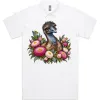 White polo shirt printed on the front with an emu among pink and cream everlasting daisies