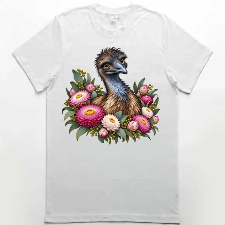 White premium men’s T-shirt with the Elegant Emu with Everlasting Daisies print on the front