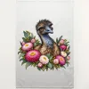 Elegant Emu with Everlasting Daisies printed on a natural Tea Towel, design by Australia Art Prints