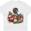 White women’s boxy T-shirt with the Elegant Emu with Everlasting Daisies print on the front